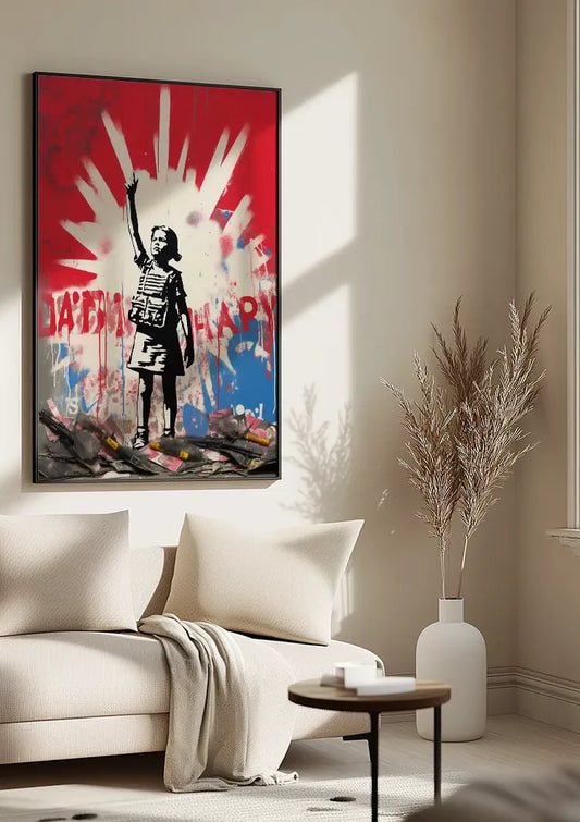 Kind met de arm omhoog canvas schilderij aan de muur in de hal