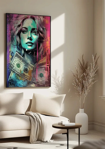Woman with Dollar Bills Colorful Pop Art Painting