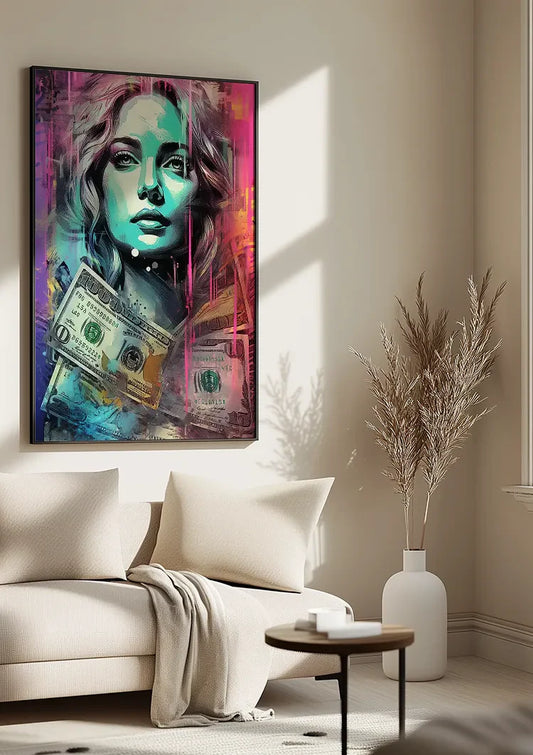Vrouw met dollarbiljetten canvas schilderij aan de muur bij de kapstok in de hal