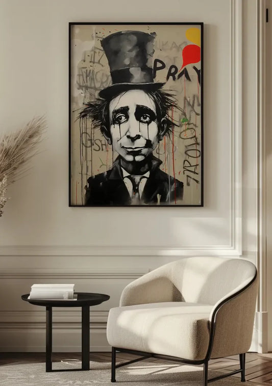 Melancholische man met een hoge hoed canvas schilderij in de hal boven een sidetable