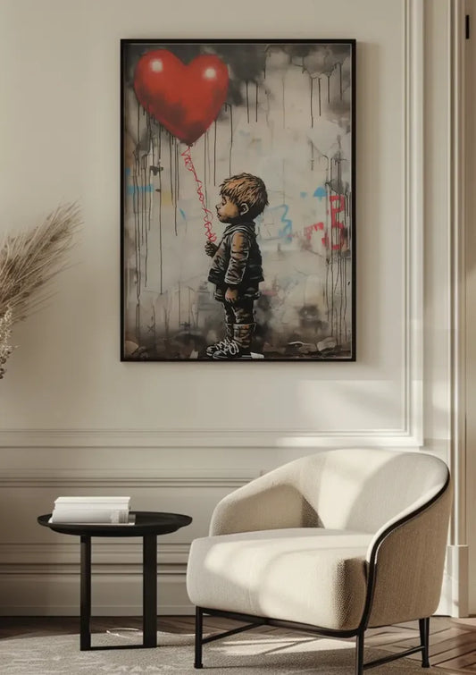 Jongen met een hartballon canvas schilderij aan de muur in de hal