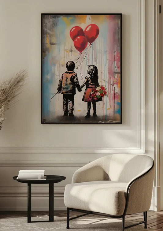 Kinderen met hartballonnen canvas schilderij aan de muur in de hal