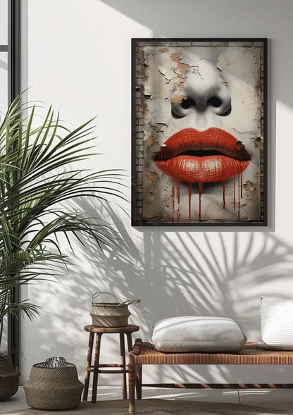 Rote Lippen Tropfendes Street-Art-Gesicht Verwitterte Mauer Grunge-Gemälde