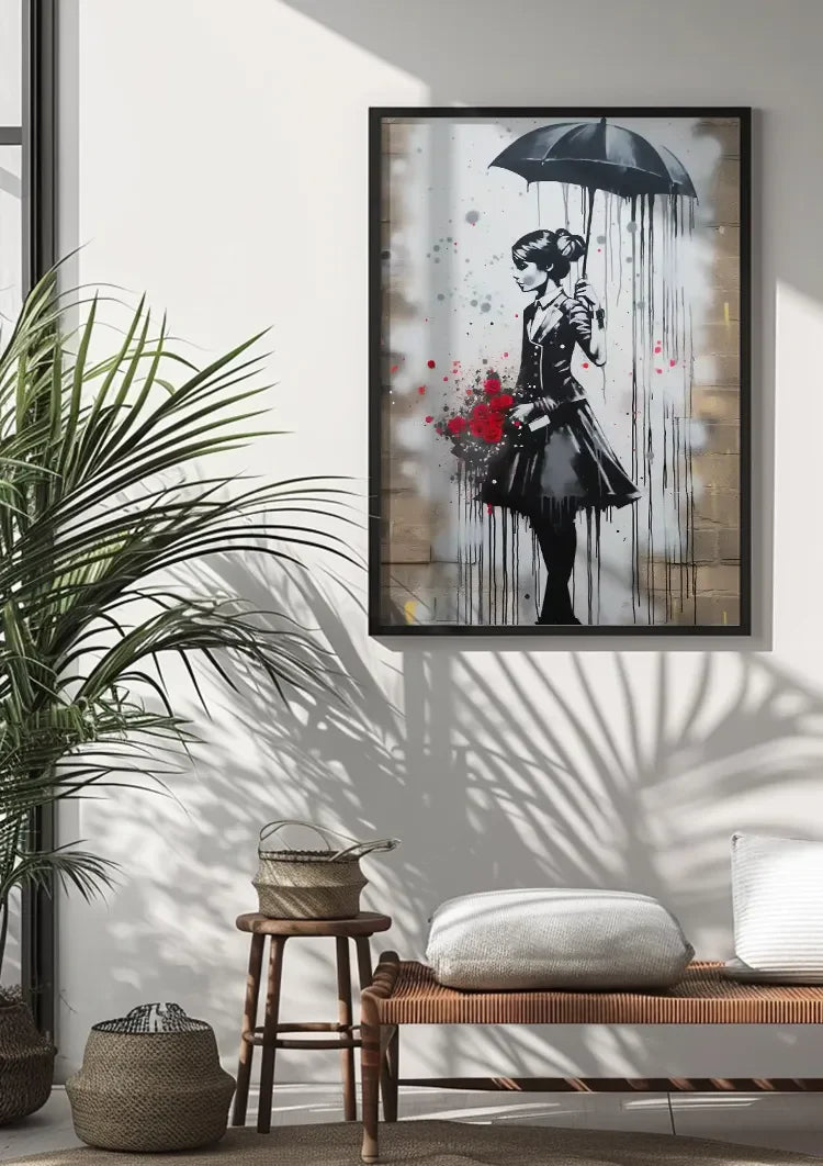 Elegant Lady with Umbrella and Red Roses Painting