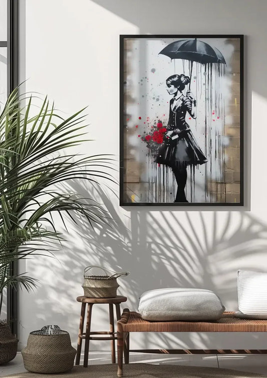 Dame met paraplu en rozen canvas schilderij aan de muur in de hal