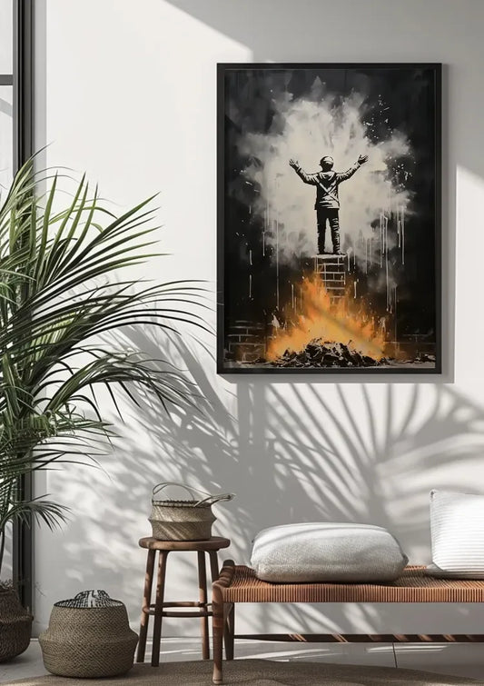 Figuur op de ladder canvas schilderij aan de muur in de hal