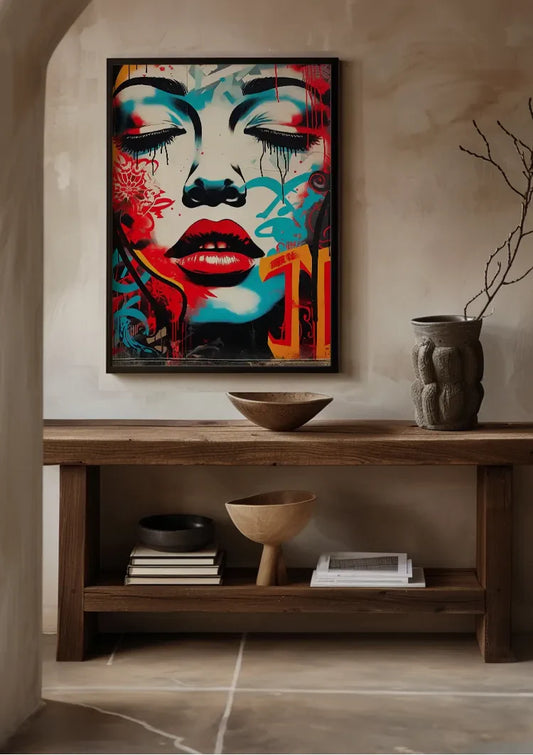 Vrouwengezicht met rode lippen canvas schilderij aan de muur bij de kapstok in de hal