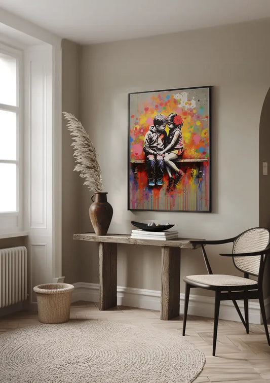 Twee kinderen op een bankje canvas schilderij in de hal boven een sidetable