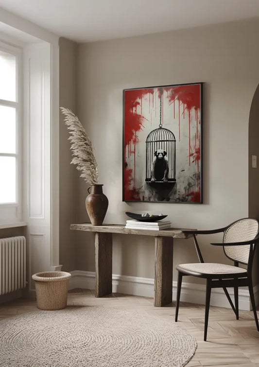 Aap in een kooi canvas schilderij aan de muur in de hal