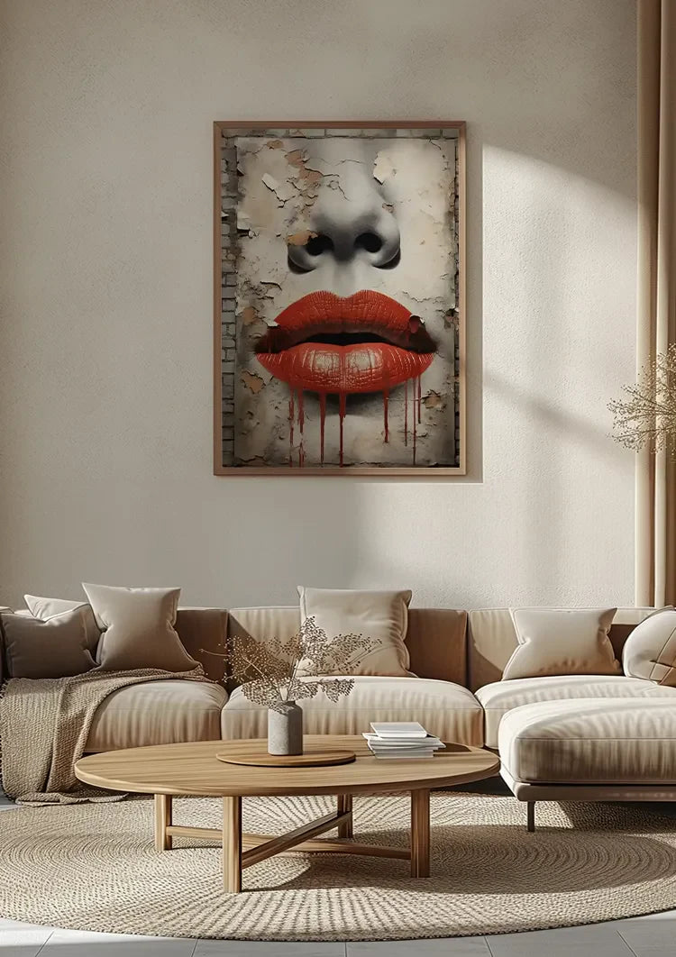 Rote Lippen Tropfendes Street-Art-Gesicht Verwitterte Mauer Grunge-Gemälde