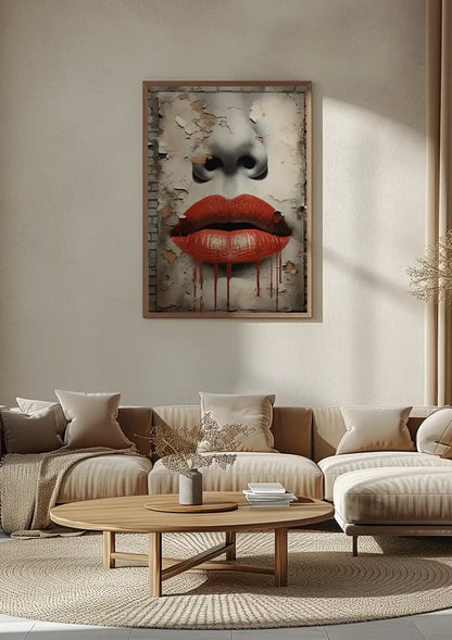 Rote Lippen Tropfendes Street-Art-Gesicht Verwitterte Mauer Grunge-Gemälde