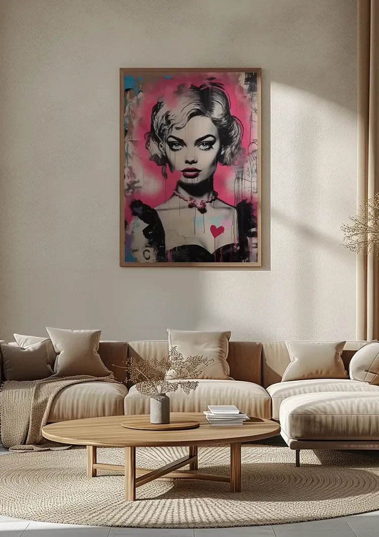 Frauenporträt Blondes Haar Rosa Herz Pop Art Graffiti Gemälde