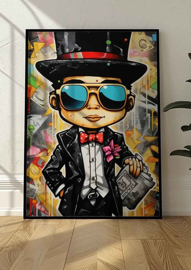 Dapper Man Black Suit Top Hat Sunglasses Newspaper Pop Art Painting