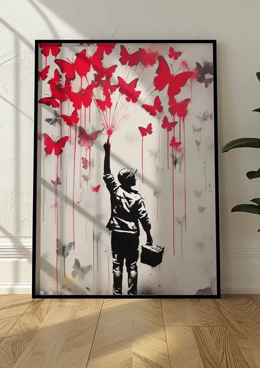 Jongen met rode vlinders silhouet canvas schilderij in de hal boven een sidetable