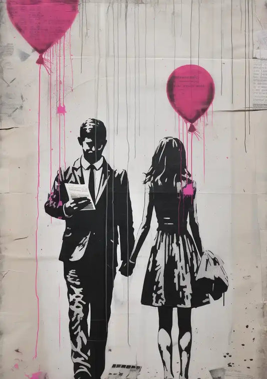 Koppel met roze ballonnen canvas schilderij in zwart-wit stencilgraffiti stijl