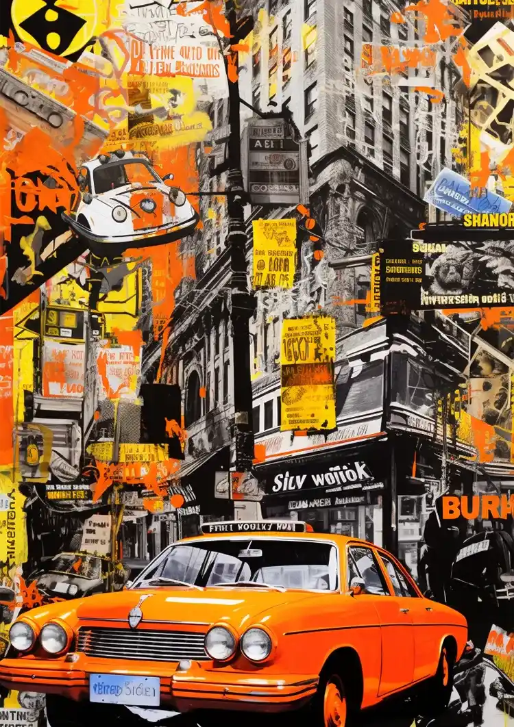 Orange Vintage Car Street Scene Pop Art Painting