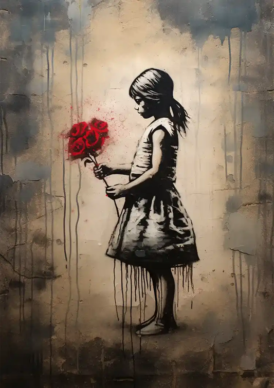 Meisje in silhouet met een rood bloemenboeket, canvas schilderij met druipende verf