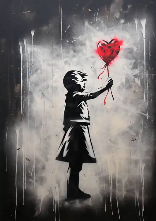 Girl Reaching for Red Heart Balloon Street Art Painting