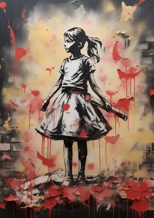 Meisje met rode vlinders en verfspetters, canvas schilderij in graffiti straatkunststijl