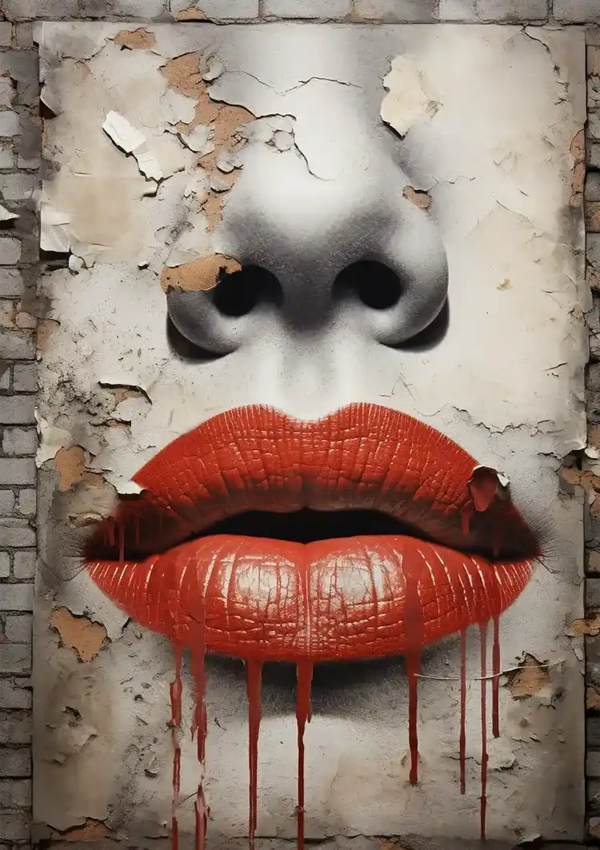 Rote Lippen Tropfendes Street-Art-Gesicht Verwitterte Mauer Grunge-Gemälde