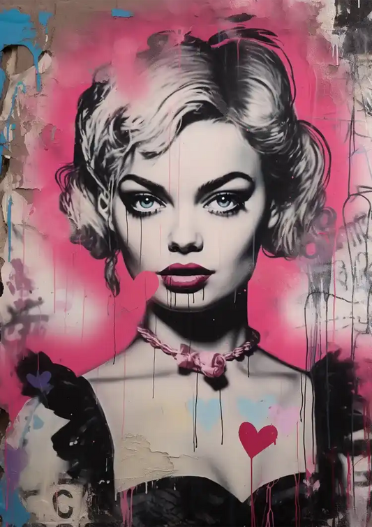 Female Portrait Blonde Hair Pink Heart Pop Art Graffiti Painting