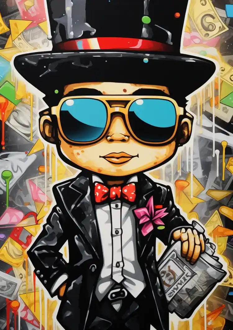 Dapper Man Black Suit Top Hat Sunglasses Newspaper Pop Art Painting