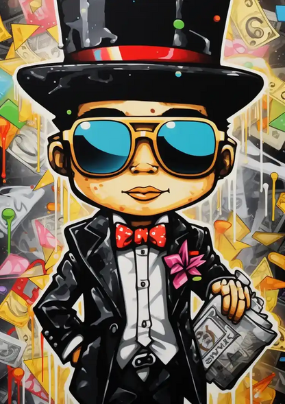 Dapper Man Black Suit Top Hat Sunglasses Newspaper Pop Art Painting