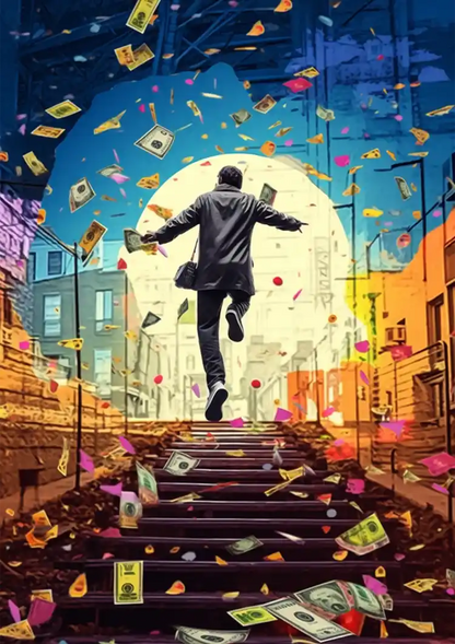 Happy Man Suit Stair Raining Banknotes Pop Art Painting