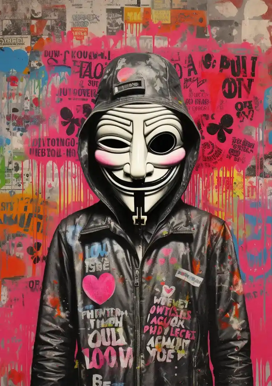 Osoba w masce Guya Fawkesa obraz na płótnie na kolorowym tle graffiti