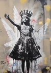 Mädchen Krone Engelsflügel Streetart Schwarz-Weiß-Gemälde
