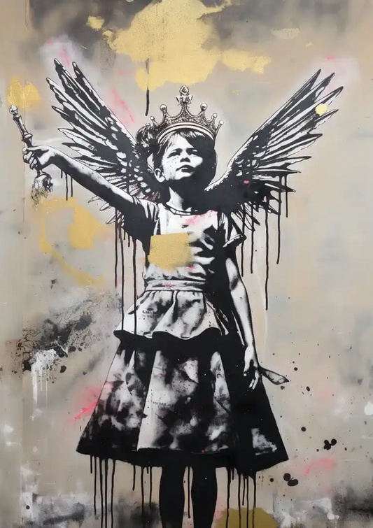 Meisje met vleugels en kroon canvas schilderij in zwart-wit met gouden accenten, banksy-stijl