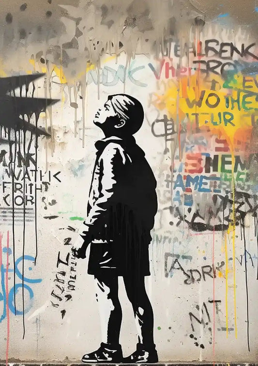 Jongen bij de graffiti muur canvas schilderij in geel, rood en blauw, banksy-stijl