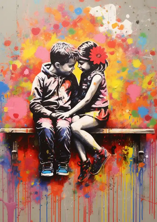 Twee kinderen op een bankje canvas schilderij in kleurrijke verfspatten in rood, geel en blauw
