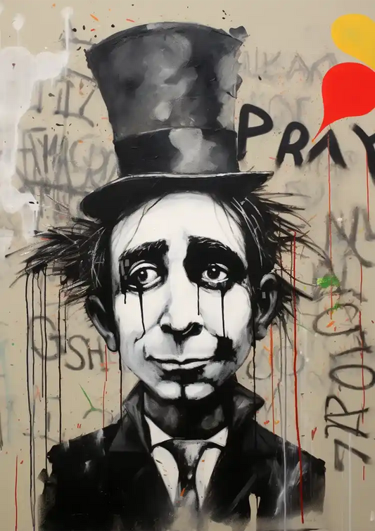 Melancholische man met een hoge hoed canvas schilderij in expressief zwart-wit met rode accenten