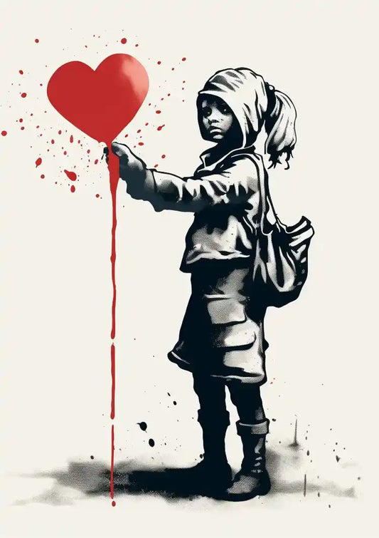 Meisje met een rode hartballon canvas schilderij in zwart-wit met een fel rode accent, banksy-stijl