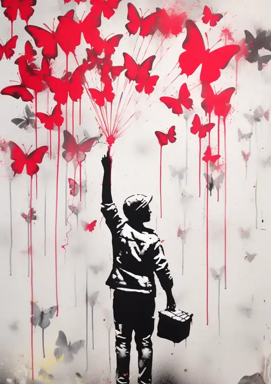 Jongen met rode vlinders silhouet canvas schilderij in zwart-wit met opvallende rode accenten