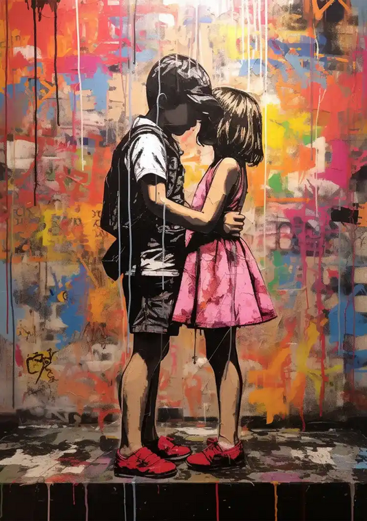 Two Children Together Colourful Street Art Canvas Print Wall Art