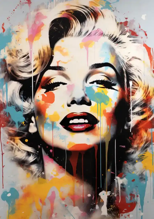 Marilyn Monroe met verfspetters canvas schilderij in blauw, rood en geel, pop-art stijl