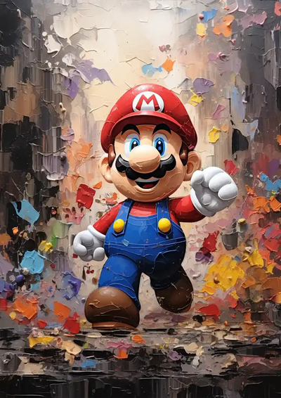 Buntes Retro-Spielfigur Rote Mütze Blaue Latzhose Leinwandbild