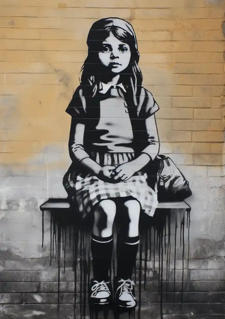 Girl on a Bench Black White Realistic Street Art Canvas Print
