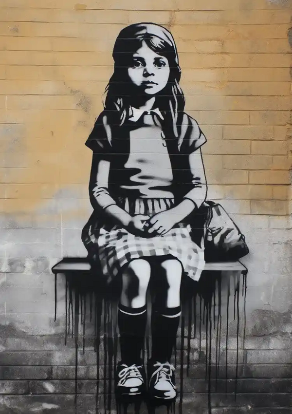 Girl on a Bench Black White Realistic Street Art Canvas Print