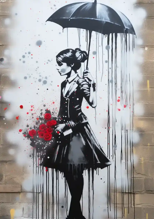 Elegante dame met paraplu en rode rozen canvas schilderij in zwart en wit, streetart stijl