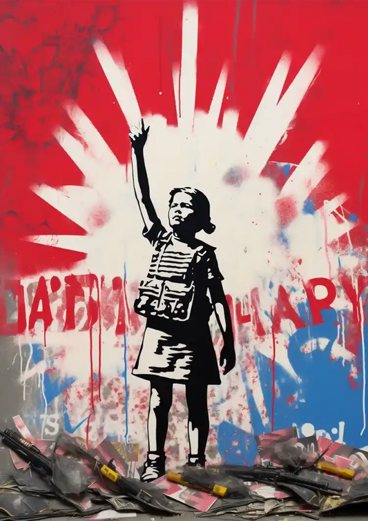 Kind met de arm omhoog canvas schilderij op een rode achtergrond, stencil streetart stijl