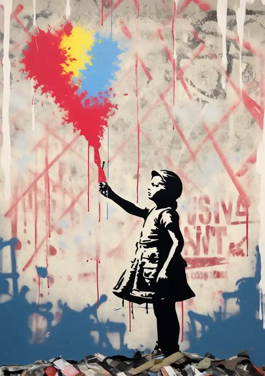Meisje met kleurrijke ballonnen canvas schilderij in rood, geel en blauw, banksy stijl