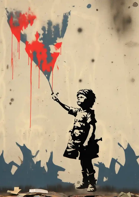 Kind met een rode vlieger canvas schilderij in zwart, wit en rood, banksy stijl