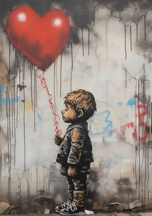 Jongen met een rood hartballon canvas schilderij in zwart en wit, realistische stijl