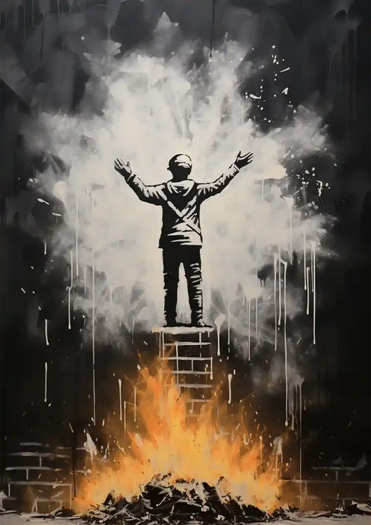 Figuur op een ladder boven de vlammen canvas schilderij in zwart en oranje, streetart stijl