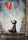Kind mit roten Herzballons graues Streetart-Gemälde