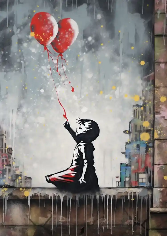 Kind met twee rode hartballonnen canvas schilderij in zwart, wit en rood, banksy stijl