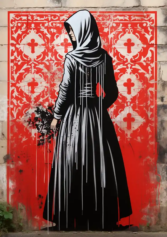 Figuur in een zwarte mantel met bloemen canvas schilderij in rood en zwart, streetart stijl